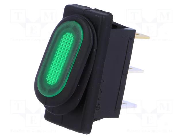 ROCKER; SPST; Pos: 2; ON-OFF; 10A/250VAC; green; IP65; neon lamp SCI R1370B801G