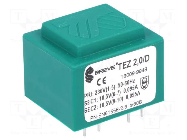 Transformer: encapsulated; 2VA; 230VAC; 10.5V; 10.5V; 95.2mA; PCB BREVE TUFVASSONS TEZ2/D/10.5-10.5V