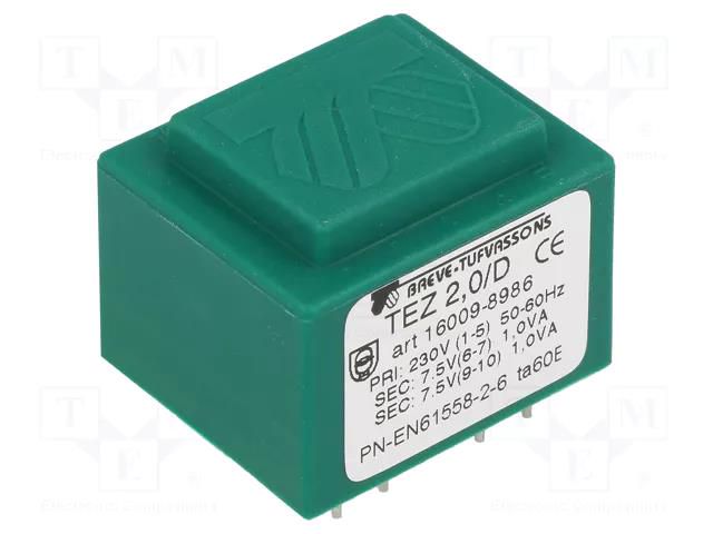 Transformer: encapsulated; 2VA; 230VAC; 7.5V; 7.5V; 133.3mA; PCB BREVE TUFVASSONS TEZ2/D/7.5-7.5V