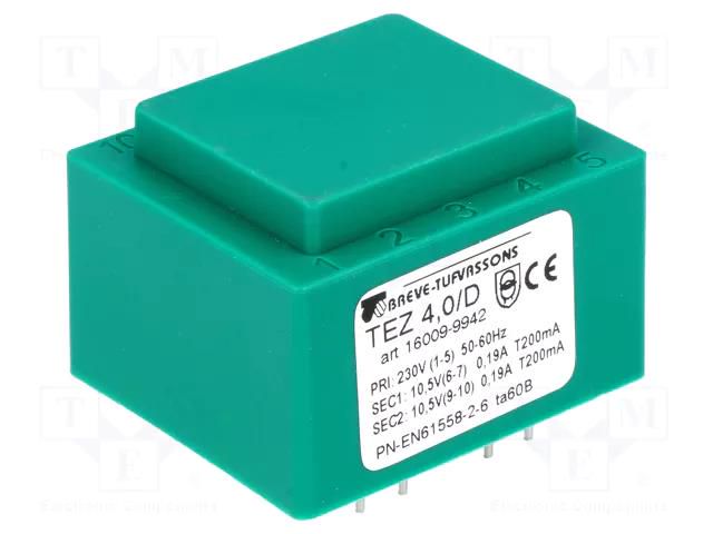 Transformer: encapsulated; 4VA; 230VAC; 10.5V; 10.5V; 190.4mA; PCB BREVE TUFVASSONS TEZ4/D/10.5-10.5V