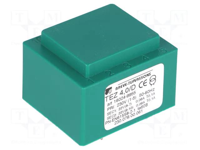 Transformer: encapsulated; 4VA; 230VAC; 22V; 22V; PCB; IP00; A: 35mm BREVE TUFVASSONS TEZ4/D/22-22V