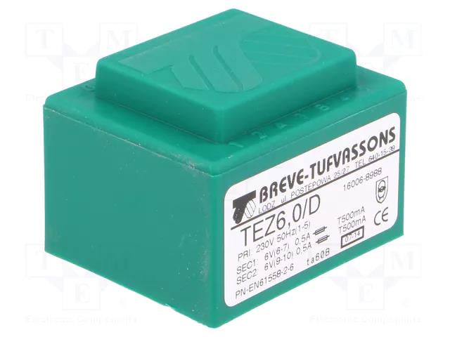 Transformer: encapsulated; 6VA; 230VAC; 6V; 6V; 500mA; 500mA; PCB BREVE TUFVASSONS TEZ6/D/6-6V
