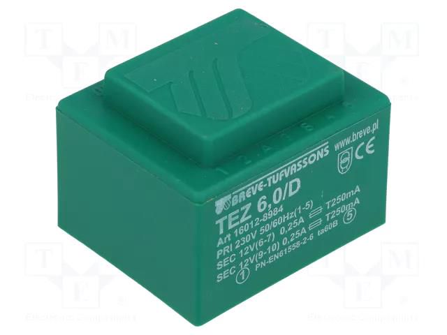 Transformer: encapsulated; 6VA; 230VAC; 12V; 12V; 250mA; 250mA; PCB BREVE TUFVASSONS TEZ6/D/12-12V