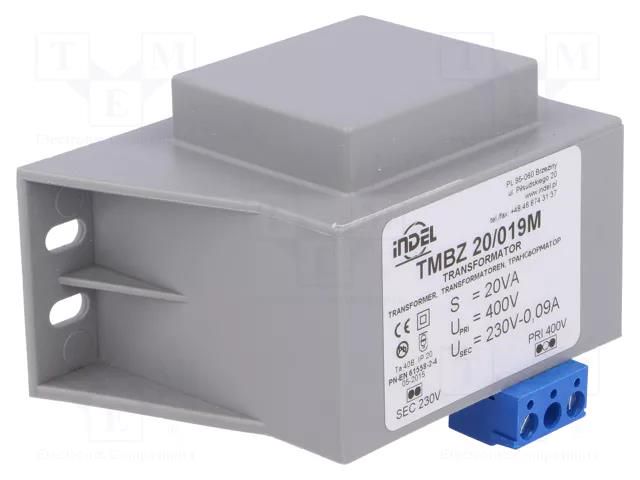 Transformer: encapsulated; 20VA; 400VAC; 230V; 0.08A; screw type INDEL TMBZ20/019M