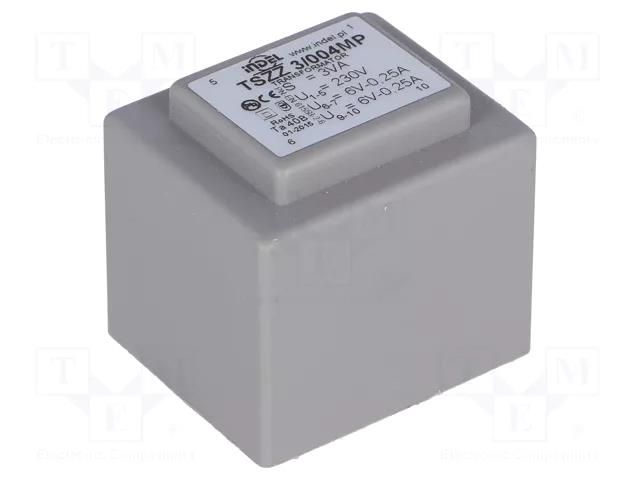 Transformer: encapsulated; 3VA; 230VAC; 6V; 6V; 250mA; 250mA; PCB INDEL TSZZ2.8/2X6V