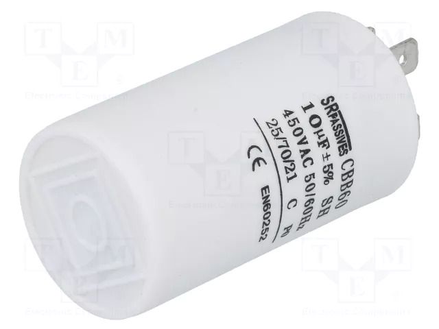 Capacitor: polypropylene; motors, run; 10uF; 450V; Ø35x60mm; ±5% SR PASSIVES CBB60A-10/450