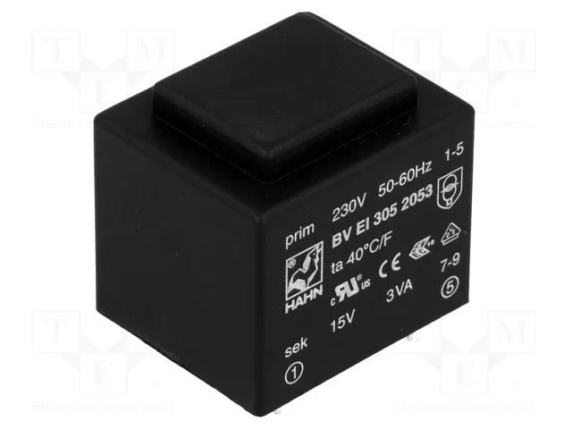 Transformer: encapsulated; 3VA; 230VAC; 15V; 200mA; PCB; BVEI HAHN BVEI3052053
