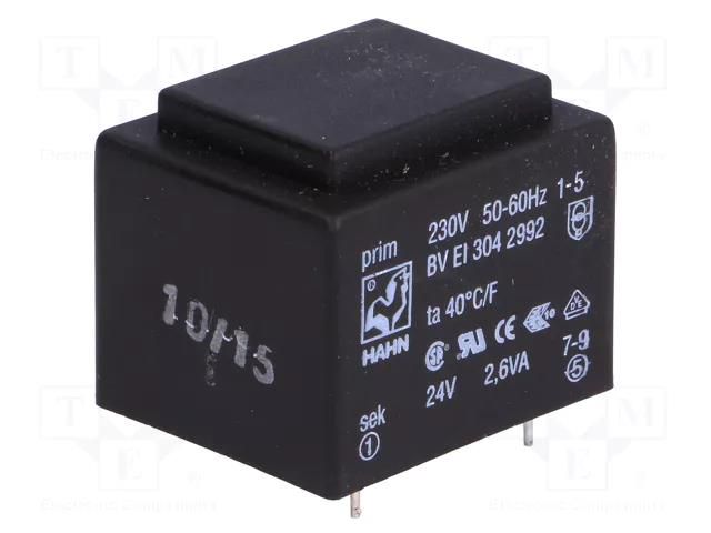 Transformer: encapsulated; 2.6VA; 230VAC; 24V; 108mA; PCB; BVEI HAHN BVEI3042992
