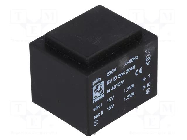 Transformer: encapsulated; 2.6VA; 230VAC; 15V; 15V; 87mA; 87mA; PCB HAHN BVEI3042048