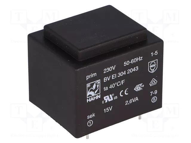 Transformer: encapsulated; 2.6VA; 230VAC; 15V; 174mA; PCB; BVEI HAHN BVEI3042043
