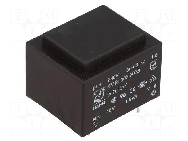 Transformer: encapsulated; 1.9VA; 230VAC; 15V; 126mA; PCB; BVEI HAHN BVEI3032033