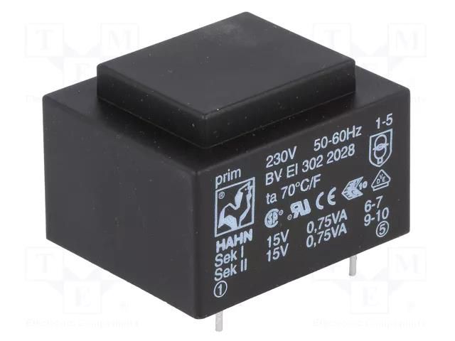 Transformer: encapsulated; 1.5VA; 230VAC; 15V; 15V; 50mA; 50mA; PCB HAHN BVEI3022028