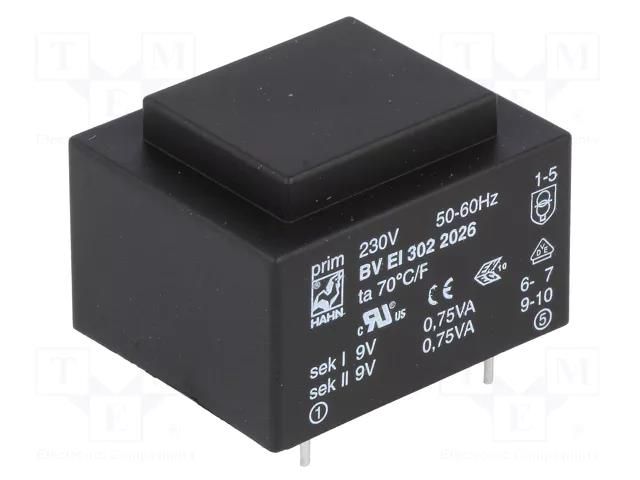 Transformer: encapsulated; 1.5VA; 230VAC; 9V; 9V; 83mA; 83mA; PCB HAHN BVEI3022026