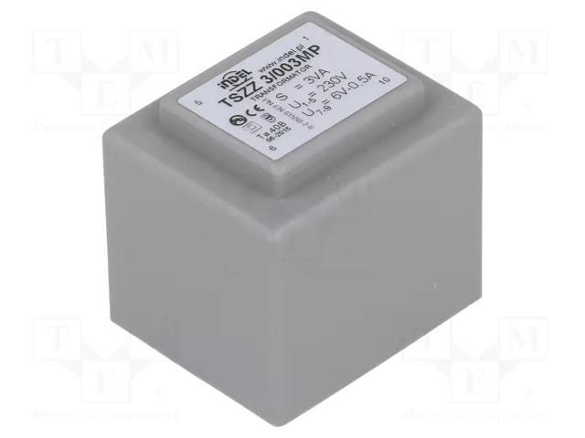 Transformer: encapsulated; 3VA; 230VAC; 6V; 500mA; PCB; IP00; C: 29mm INDEL TSZZ2.8/6V
