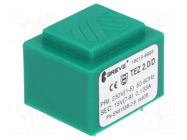Transformer: encapsulated; 2VA; 230VAC; 15V; 133.3mA; PCB; IP00 BREVE TUFVASSONS TEZ2/D/15V