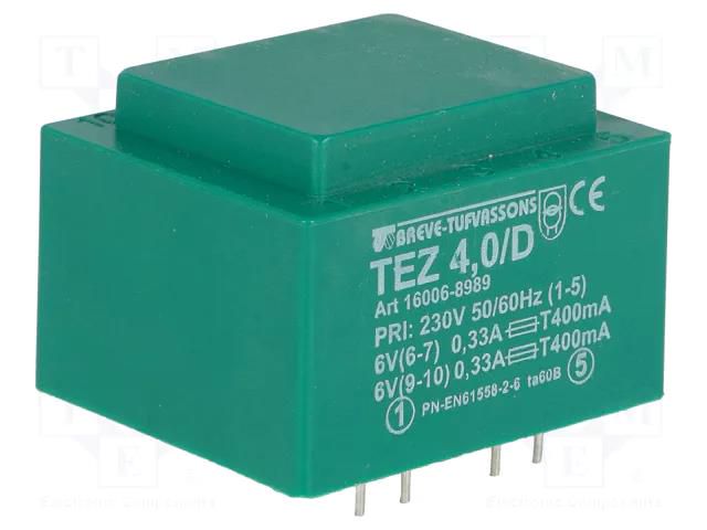 Transformer: encapsulated; 4VA; 230VAC; 6V; 6V; 333.3mA; 333.3mA BREVE TUFVASSONS TEZ4/D/6-6V