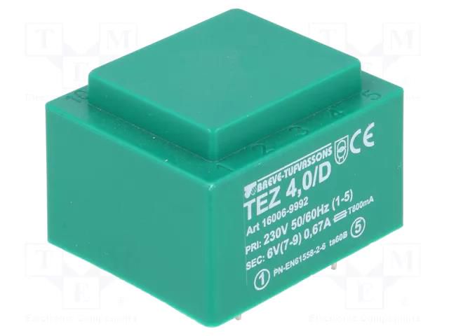 Transformer: encapsulated; 4VA; 230VAC; 6V; 666.6mA; PCB; IP00; TEZ BREVE TUFVASSONS TEZ4/D/6V