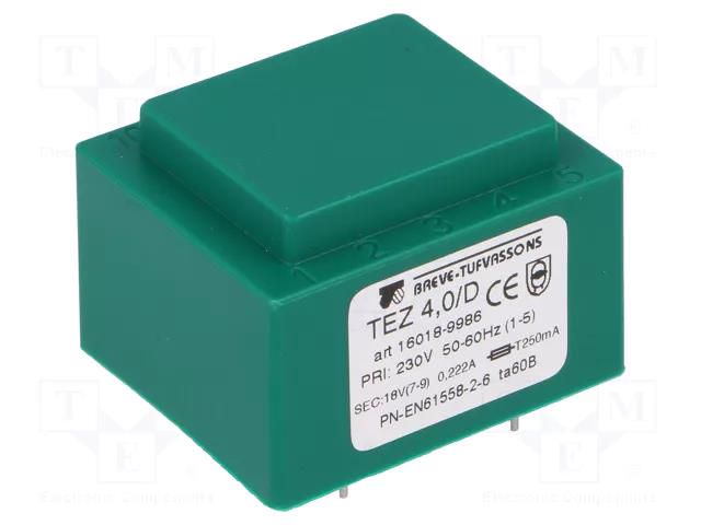 Transformer: encapsulated; 4VA; 230VAC; 18V; 222.2mA; PCB; IP00 BREVE TUFVASSONS TEZ4/D/18V