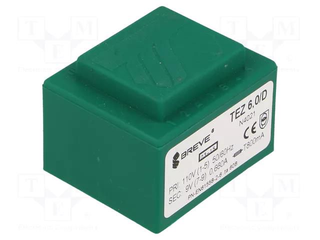 Transformer: encapsulated; 6VA; 110VAC; 9V; PCB; IP00; A: 38mm BREVE TUFVASSONS TEZ6/110/9V