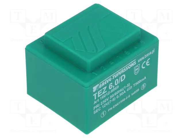 Transformer: encapsulated; 6VA; 230VAC; 12V; 500mA; PCB; IP00; TEZ BREVE TUFVASSONS TEZ6/D/12V