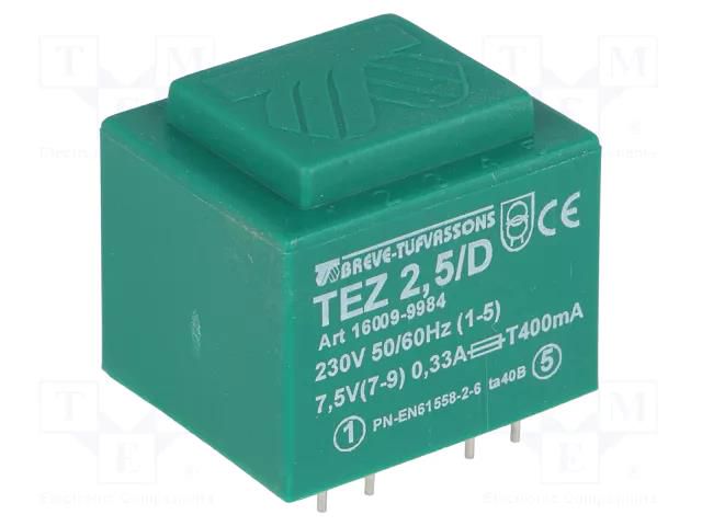 Transformer: encapsulated; 2.5VA; 230VAC; 7.5V; 333.3mA; PCB; IP00 BREVE TUFVASSONS TEZ2.5/D/7.5V
