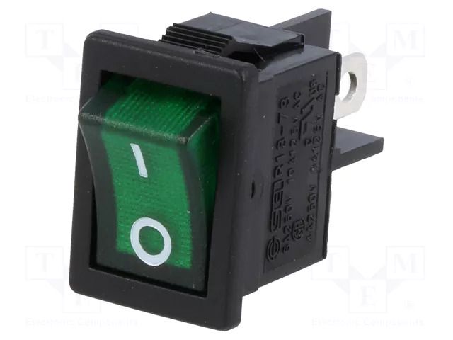ROCKER; DPST; Pos: 2; ON-OFF; 6A/250VAC; green; neon lamp; R13-73-AC SCI RS1373CBG2N2