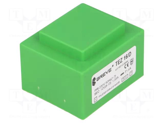 Transformer: encapsulated; 16VA; 230VAC; 12V; 1333.3mA; PCB; IP00 BREVE TUFVASSONS TEZ16/D/12V