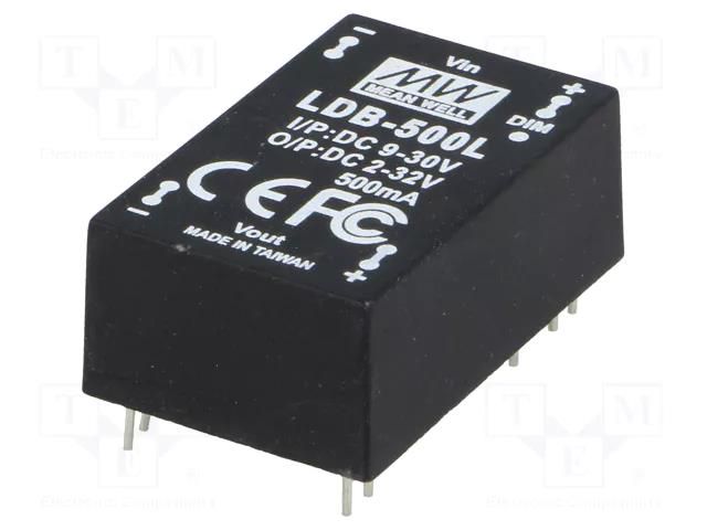 Converter: DC/DC; 16W; Uin: 9÷30VDC; Uout: 2÷32VDC; Iin: 710mA; THT MEAN WELL LDB-500L