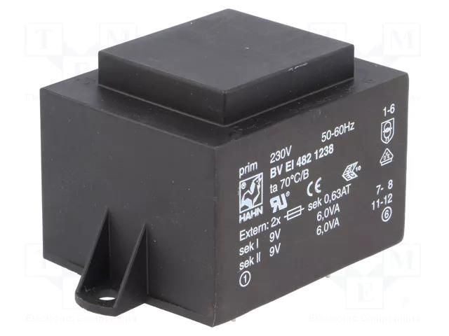 Transformer: encapsulated; 12VA; 230VAC; 9V; 9V; 667mA; 667mA; PCB HAHN BVEI4821238