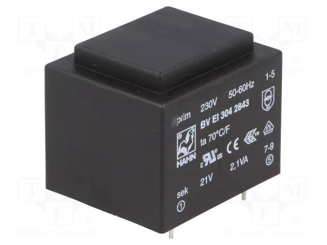 Transformer: encapsulated; 2.1VA; 230VAC; 21V; 100mA; PCB; BVEI HAHN BVEI3042843