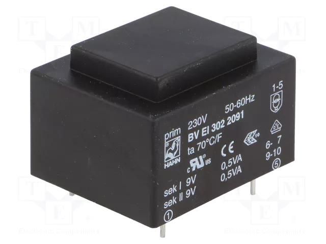 Transformer: encapsulated; 1VA; 230VAC; 9V; 9V; 56mA; 56mA; PCB; BVEI HAHN BVEI3022091