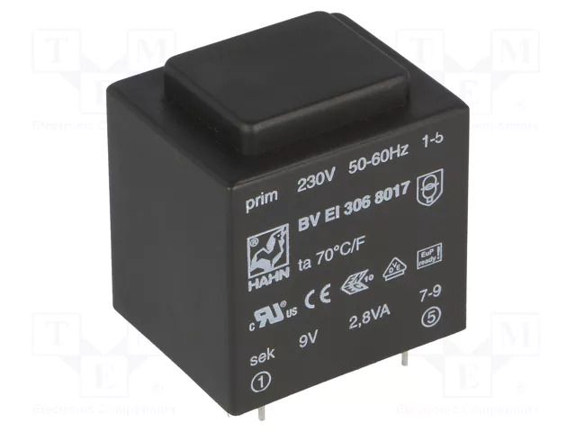 Transformer: encapsulated; 2.8VA; 230VAC; 9V; 311mA; PCB; BVEI HAHN BVEI3068017
