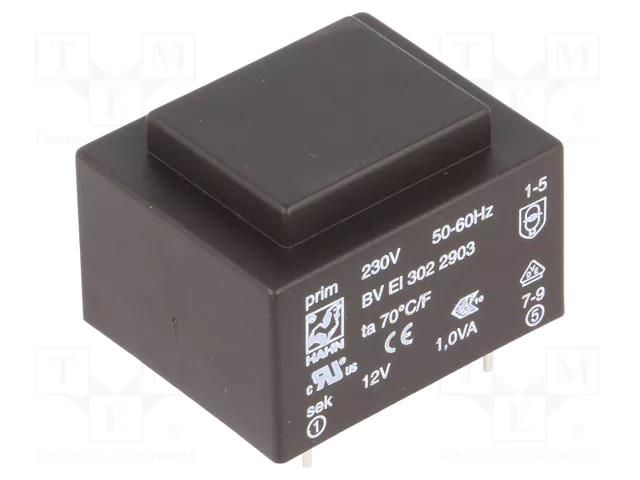 Transformer: encapsulated; 1VA; 230VAC; 12V; 83mA; PCB; BVEI HAHN BVEI3022903