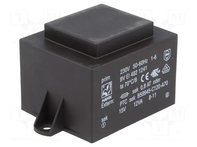 Transformer: encapsulated; 12VA; 230VAC; 15V; 800mA; PCB; BVEI HAHN BVEI4821241