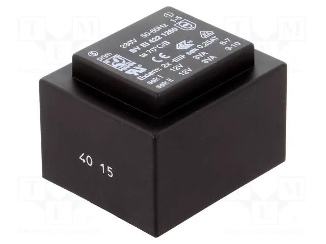 Transformer: encapsulated; 6VA; 230VAC; 12V; 12V; 250mA; 250mA; PCB HAHN BVEI4221260