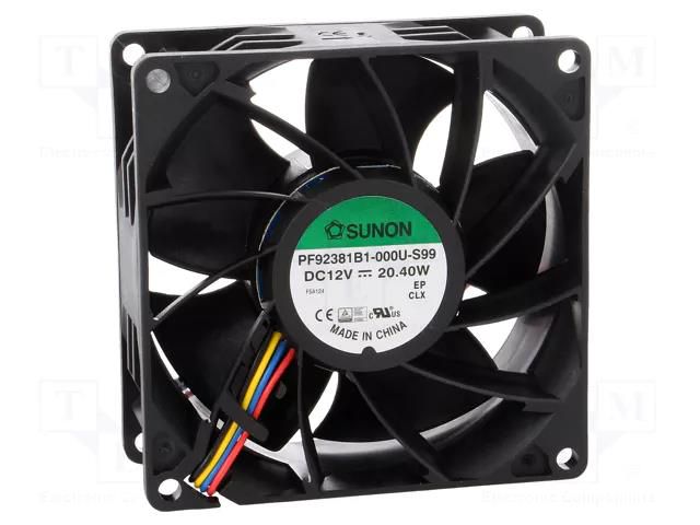 Fan: DC; axial; 12VDC; 92x92x38mm; 234.63m3/h; 63.7dBA; ball; 24AWG SUNON PF92381B1-S99