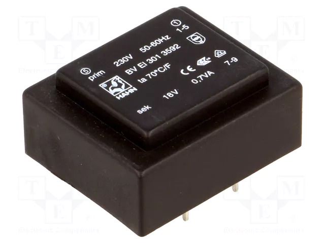 Transformer: encapsulated; 0.7VA; 230VAC; 18V; 39mA; PCB; BVEI HAHN BVEI3013592