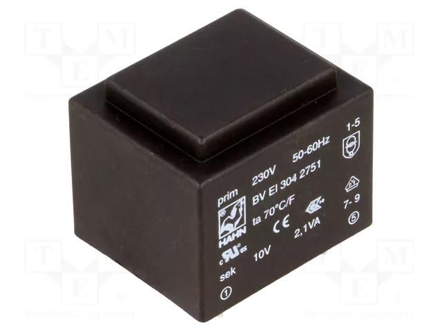 Transformer: encapsulated; 2.1VA; 230VAC; 10V; 210mA; PCB; BVEI HAHN BVEI3042751