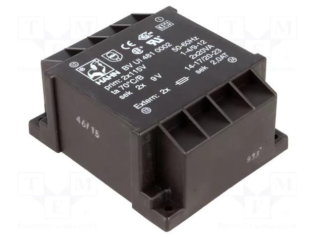Transformer: encapsulated; 40VA; 115VACx2; 9V; 9V; 2222mA; 2222mA HAHN BVUI4810002