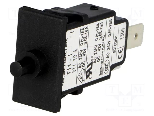 Circuit breaker; Urated: 240VAC; 48VDC; 10A; SPST; Poles: 1; SNAP-IN SCHURTER T11-611-10A