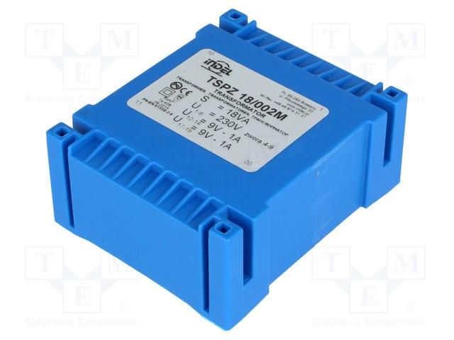 Transformer: encapsulated; 18VA; 230VAC; 9V; 9V; 1A; 1A; PCB; IP00 INDEL TSPZ18/2X9V