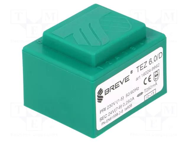 Transformer: encapsulated; 6VA; 230VAC; 24V; 250mA; PCB; IP00; TEZ BREVE TUFVASSONS TEZ6/D/24V