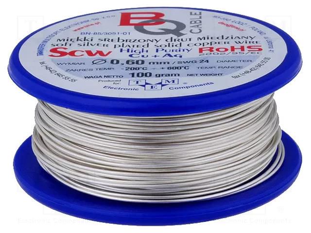 Silver plated copper wires; 0.6mm; 100g; Cu,silver plated; 40m BQ CABLE SCW-0.60/100