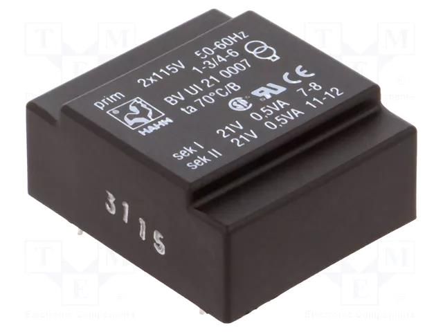 Transformer: encapsulated; 1VA; 115VACx2; 21V; 21V; 23mA; 23mA; PCB HAHN BVUI210007