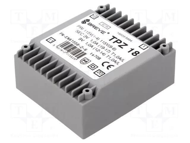 Transformer: mains; 18VA; 115VAC,230VAC; 9V; 9V; PCB; IP00 BREVE TUFVASSONS TPZ18/2X9V