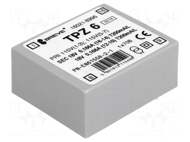 Transformer: mains; 6VA; 115VAC,230VAC; 18V; 18V; PCB; IP00 BREVE TUFVASSONS TPZ6/2X18V