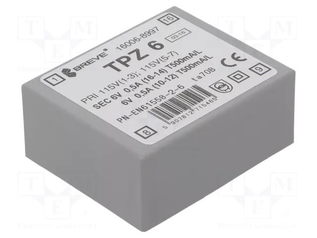 Transformer: mains; 6VA; 115VAC,230VAC; 6V; 6V; PCB; IP00 BREVE TUFVASSONS TPZ6/2X6V