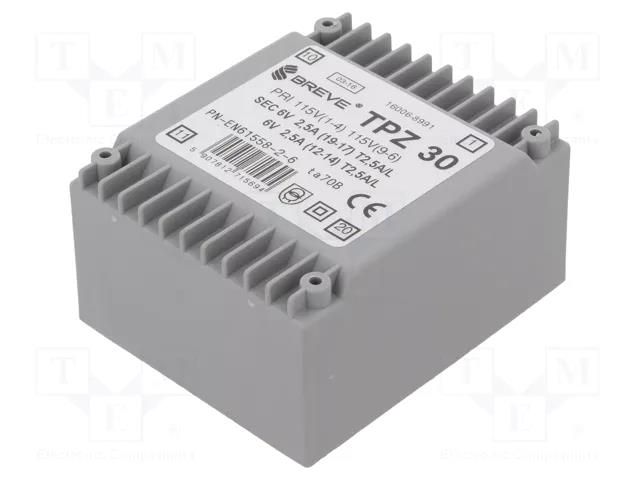 Transformer: mains; 30VA; 115VAC,230VAC; 6V; 6V; PCB; IP00 BREVE TUFVASSONS TPZ30/2X6V