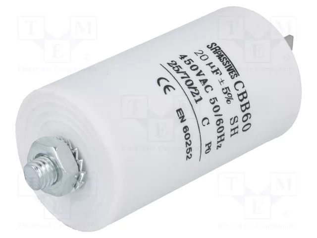 Capacitor: polypropylene; motors, run; 20uF; 450V; Ø40x70mm; ±5% SR PASSIVES CBB60E-20/450