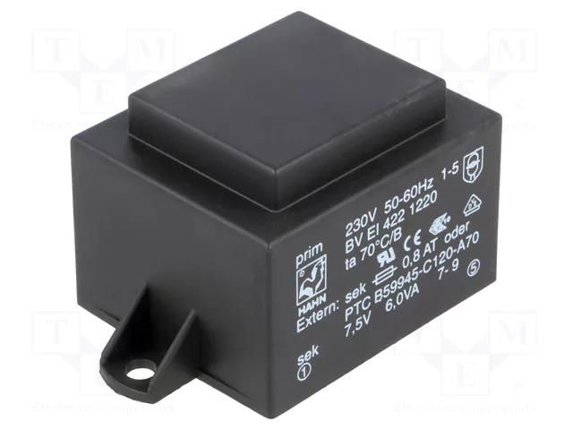 Transformer: encapsulated; 6VA; 230VAC; 7.5V; 800mA; 800mA; PCB HAHN BVEI4221220
